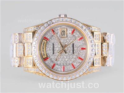 Rolex Day-Date Swiss ETA 2836 Movement Full 18K Gold with Full Diamond Case-Red Marking