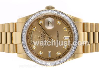 Rolex Day-Date Swiss ETA 2836 Movement Full Gold CZ Diamond Bezel with Golden Dial-Same Structure as Swiss Version-High