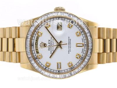 Rolex Day-Date Swiss ETA 2836 Movement Full Gold CZ Diamond Bezel with White Dial-Same Structure as Swiss Version-High Q