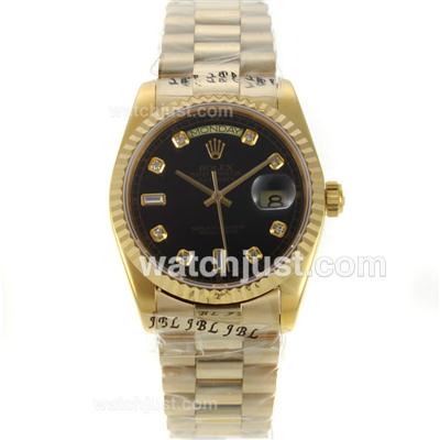 Rolex Day-Date Swiss ETA 2836 Movement Full Gold Diamond Marking with Black Dial