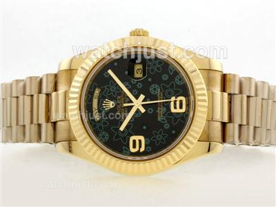 Rolex Day-Date Swiss ETA 2836 Movement Full Gold with Black Floral Motif Dial