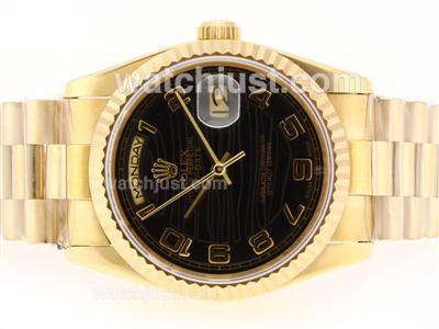 Rolex Day-Date Swiss ETA 2836 Movement Full Gold with Black Wave Dial-Number Marking