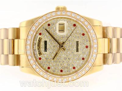 Rolex Day-Date Swiss ETA 2836 Movement Full Gold with Diamond Dial-Red Diamond Marking