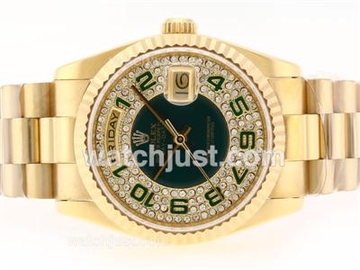 Rolex Day-Date Swiss ETA 2836 Movement Full Gold with Diamond Green Dial-Number Marking