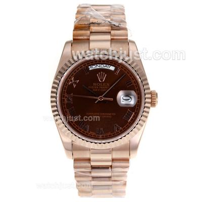 Rolex Day-Date Swiss ETA 2836 Movement Full Rose Gold with Brown Dial- Roman Markers