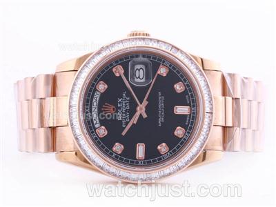 Rolex Day Date Swiss ETA 2836 Movement Rose Gold Case Black Dial-Baguette CZ Diamond Bezel