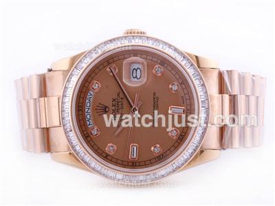 Rolex Day Date Swiss ETA 2836 Movement Rose Gold Case Champagne Dial-Baguette CZ Diamond Bezel