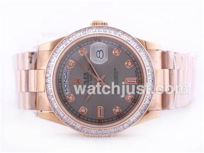 Rolex Day Date Swiss ETA 2836 Movement Rose Gold Case Gray Dial-Baguette CZ Diamond Bezel