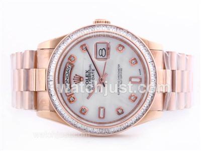 Rolex Day Date Swiss ETA 2836 Movement Rose Gold Case MOP Dial-Baguette CZ Diamond Bezel