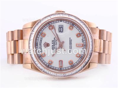 Rolex Day Date Swiss ETA 2836 Movement Rose Gold Case White Dial-Baguette CZ Diamond Bezel