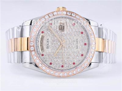 Rolex Day-Date Swiss ETA 2836 Movement Two Tone Diamond Bezel and Dial-Red Marking