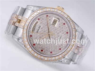 Rolex Day-Date Swiss ETA 2836 Movement Two Tone Diamond Bezel and Dial-Red Marking