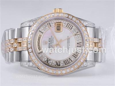 Rolex Day-Date Swiss ETA 2836 Movement Two Tone Diamond Bezel with MOP Dial-Roman Marking