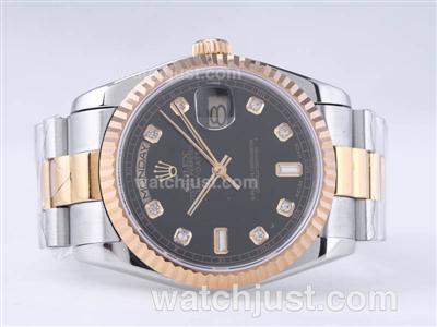 Rolex Day-Date Swiss ETA 2836 Movement Two Tone with Black Dial-Diamond Marking