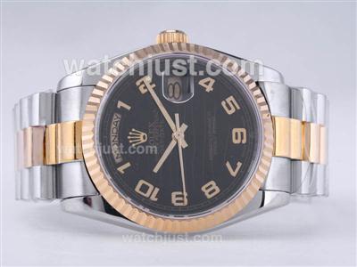 Rolex Day-Date Swiss ETA 2836 Movement Two Tone with Black Wave Dial-Number Marking