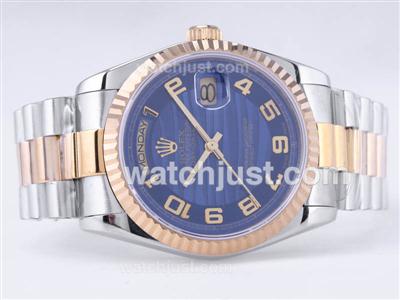 Rolex Day-Date Swiss ETA 2836 Movement Two Tone with Blue Wave Dial-Number Marking