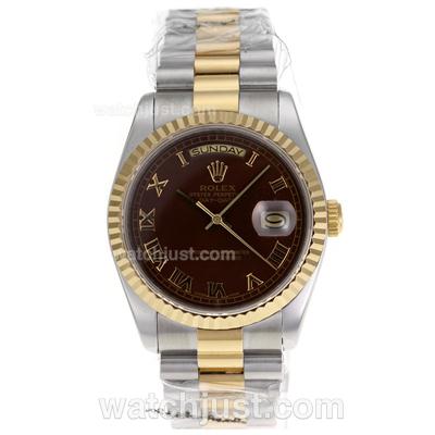 Rolex Day-Date Swiss ETA 2836 Movement Two Tone with Brown Dial- Roman Markers