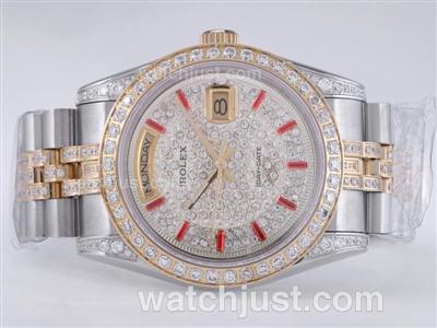 Rolex Day-Date Swiss ETA 2836 Movement Two Tone with Diamond Bezel and Dial-Red Marking