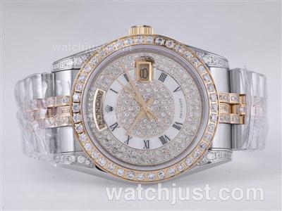 Rolex Day-Date Swiss ETA 2836 Movement Two Tone with Diamond Bezel and Dial-Roman Marking