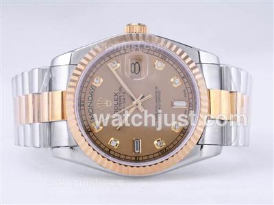 Rolex Day-Date Swiss ETA 2836 Movement Two Tone with Golden Dial-Diamond Marking