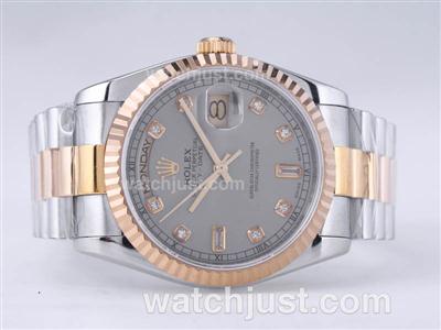 Rolex Day-Date Swiss ETA 2836 Movement Two Tone with Gray Dial-Diamond Marking