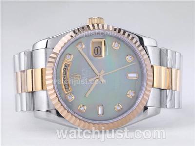 Rolex Day-Date Swiss ETA 2836 Movement Two Tone with Green MOP Dial-Diamond Marking