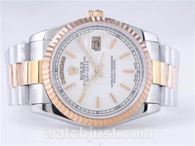 Rolex Day-Date Swiss ETA 2836 Movement Two Tone with White Dial-Stick Marking