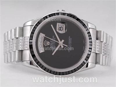 Rolex Day-Date Swiss ETA 2836 Movement With Black Ruby Bezel-Black Dial