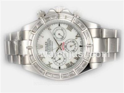 Rolex Daytona Automatic Baguette CZ Diamond Bezel with White Dial-Roman Marking