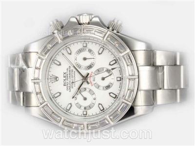 Rolex Daytona Automatic Baguette CZ Diamond Bezel with White Dial