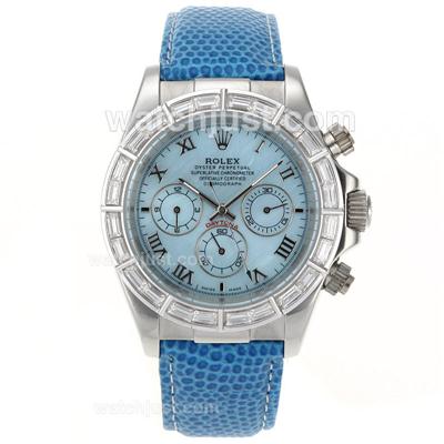 Rolex Daytona Automatic CZ Diamond Bezel Roman Markers with Blue MOP Dial-Blue Leather Strap