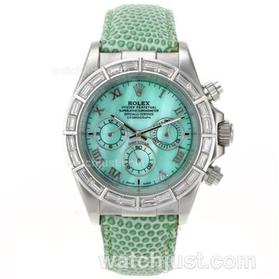 Rolex Daytona Automatic CZ Diamond Bezel Roman Markers with Green MOP Dial-Green Leather Strap