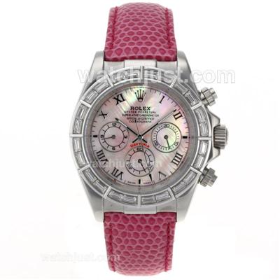 Rolex Daytona Automatic CZ Diamond Bezel Roman Markers with Pink MOP Dial-Pink Leather Strap