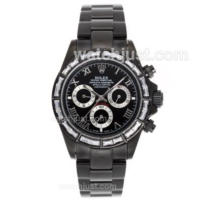 Rolex Daytona Automatic Full PVD CZ Diamond Bezel Roman Markers with Black Dial