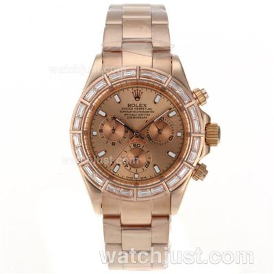 Rolex Daytona Automatic Full Rose Gold CZ Diamond Bezel Stick Markers with Champagne Dial