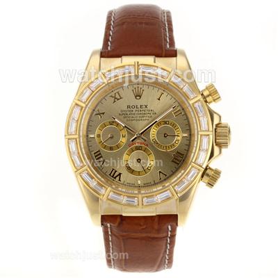 Rolex Daytona Automatic Gold Case CZ Diamond Bezel Roman Markers with Golden Dial