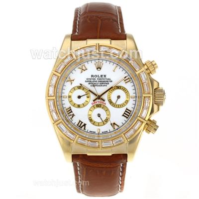 Rolex Daytona Automatic Gold Case CZ Diamond Bezel Roman Markers with White Dial