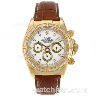 Rolex Daytona Automatic Gold Case CZ Diamond Bezel Stick Markers with White Dial