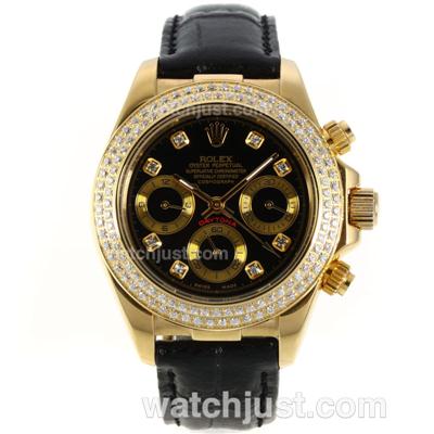 Rolex Daytona Automatic Gold Case Diamond Bezel and Markers with Black Dial-Leather Strap