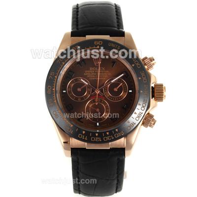 Rolex Daytona Automatic Rose Gold Case Ceramic Bezel with Brown Dial-Black Leather Strap