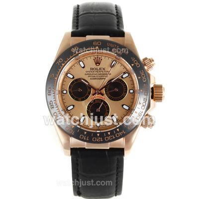 Rolex Daytona Automatic Rose Gold Case Ceramic Bezel with Champagne Dial-Black Leather Strap