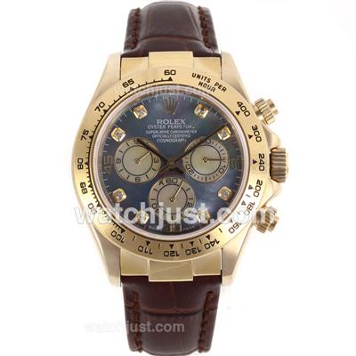 Rolex Daytona Chronogarph Swiss Valjoux 7750 Movement Full Gold Case Diamond Markers with Black MOP Dial-Leather Strap