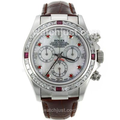 Rolex Daytona Chronograph Swiss Valjoux 7750 Movement CZ Diamond Bezel Red Diamond Markers with MOP Dial-Brown Leather Strap