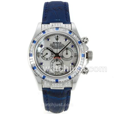 Rolex Daytona Chronograph Swiss Valjoux 7750 Movement CZ Diamond Bezel with MOP Dial-Blue Diamond Markers