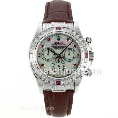 Rolex Daytona Chronograph Swiss Valjoux 7750 Movement CZ Diamond Bezel with MOP Dial-Red Diamond Markers