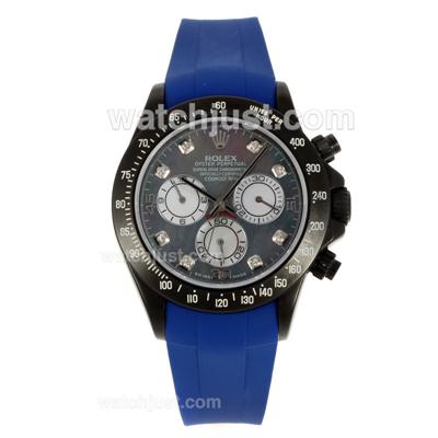 Rolex Daytona Chronograph Swiss Valjoux 7750 Movement PVD Case Diamond Markers with MOP Dial-Blue Rubber Strap