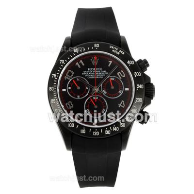 Rolex Daytona Chronograph Swiss Valjoux 7750 Movement PVD Case Number Markers with Black Dial-Black Rubber Strap