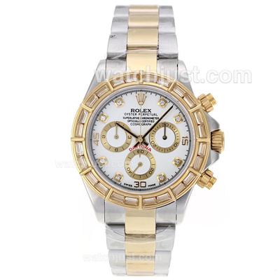 Rolex Daytona Chronograph Swiss Valjoux 7750 Movement Two Tone CZ Diamond Bezel with White Dial