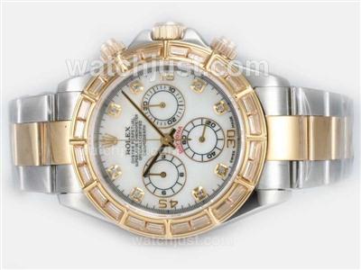 Rolex Daytona Chronograph Swiss Valjoux 7750 Movement Two Tone With Baguette CZ Diamond Bezel