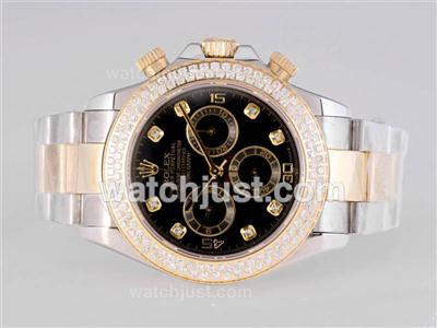 Rolex Daytona Chronograph Swiss Valjoux 7750 Movement Two Tone with Diamond Bezel-Black Dial